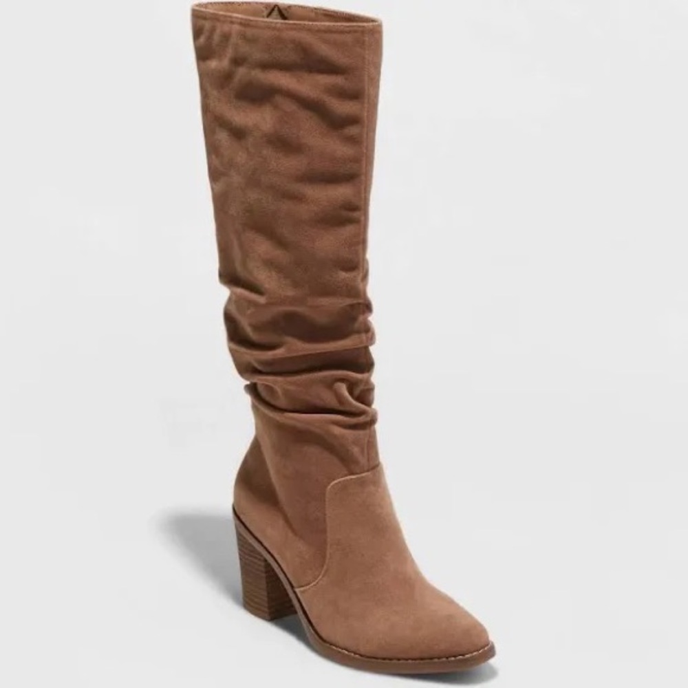 Universal Thread Slouchy Knee-High Suede Heeled Boots in Tan